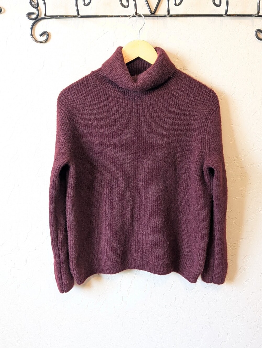 Quince Women's 100% Cashmere Ribbed Turtleneck Fisherman Sweater: Deep Burgundy - Picture 3 of 6
